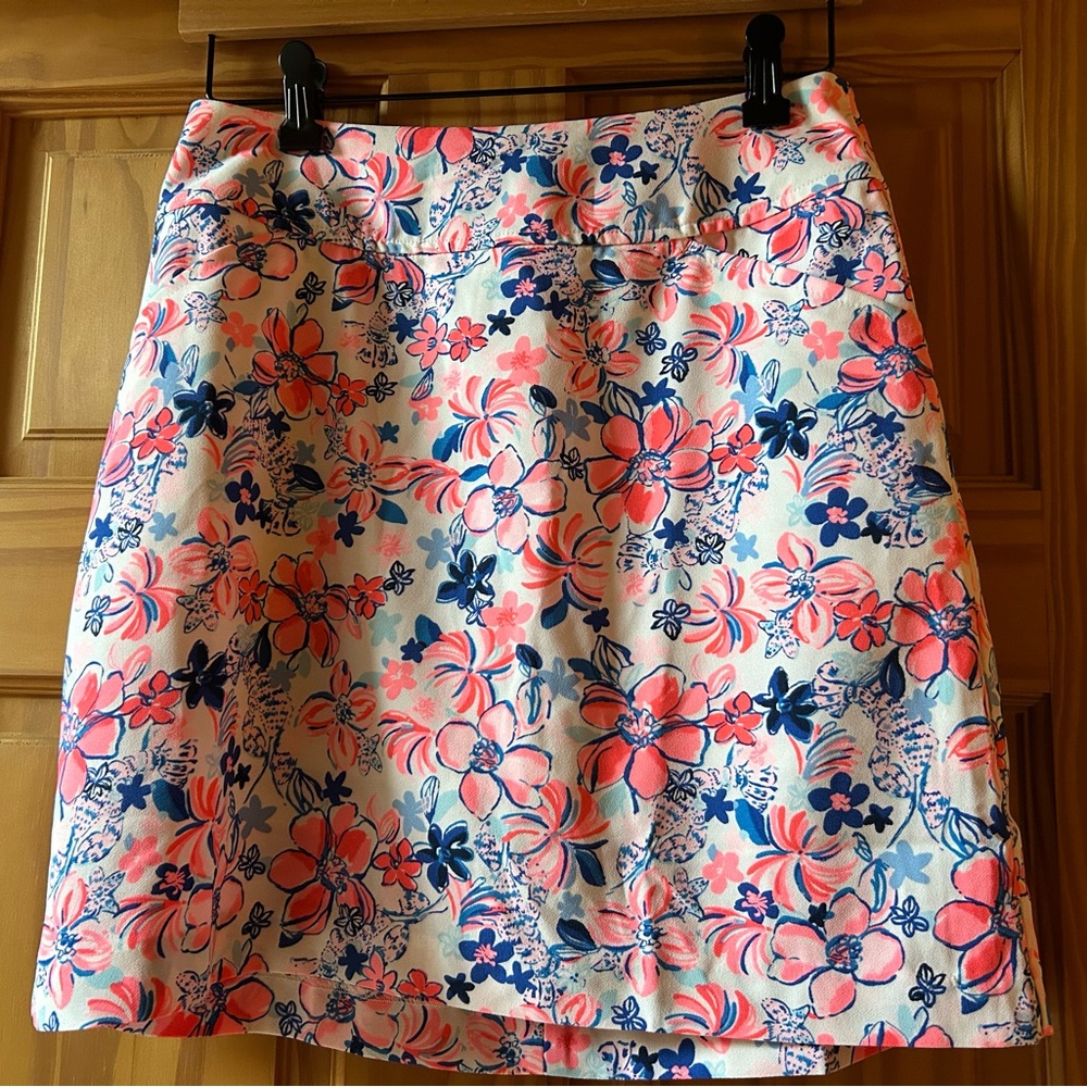 Lilly Pulitzer Coral, Navy & White Floral A-Line Skirt